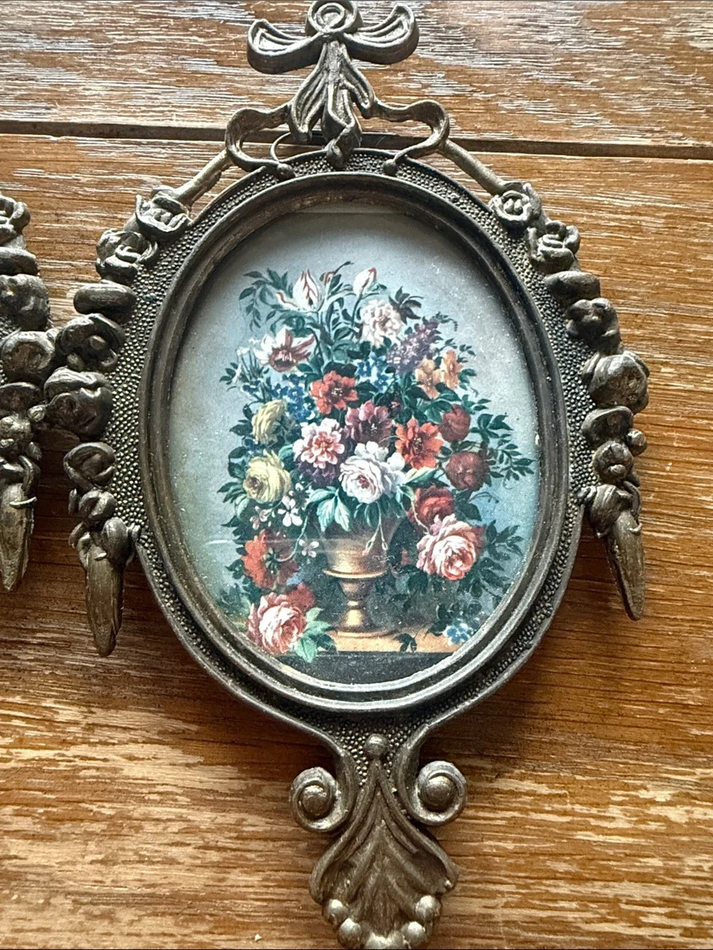 Vintage Pair of Mid-Century Italian Ornate Brass Miniature Floral Frames